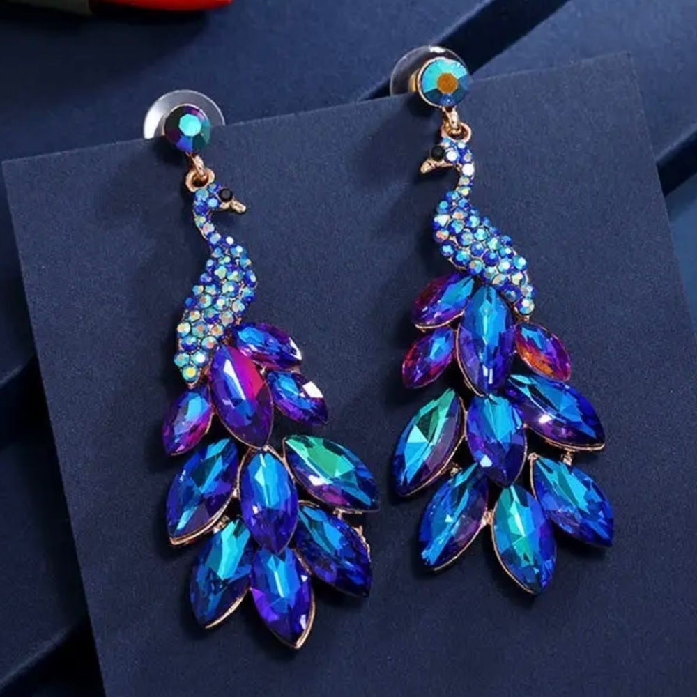 Peacock Statement Dangle Earrings Sparkly Rhinestone Glam I NWT
